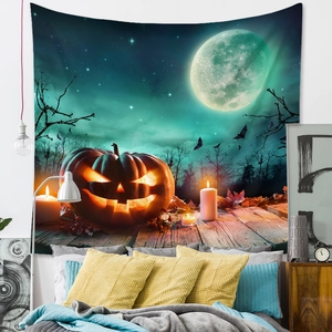 Detailed view of Halloween tapestry featuring pumpkins and bats for bedroom wall decor