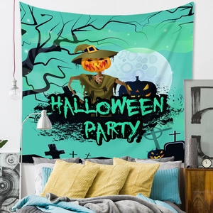 Detail of Halloween tapestry with scarecrow jack-o-lantern and artistic party text