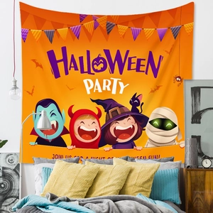 Detail of Halloween tapestry with cartoon vampires and bats for festive room decor