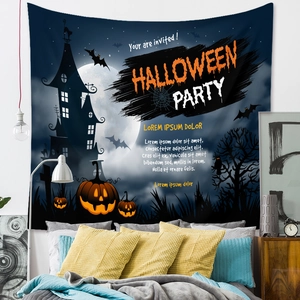 Detail of Halloween tapestry showing dark castle, moon, and pumpkins in a cozy bedroom setting