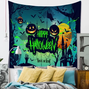 Detail of Halloween tapestry with Jack-o'-lantern, gothic castle and Happy Halloween text