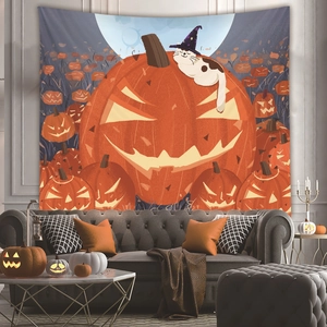 Halloween tapestry with white cat and pumpkin displayed on a modern grey living room wall