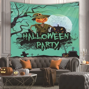 Detail of Halloween Party tapestry featuring scarecrow and pumpkins for home wall decor