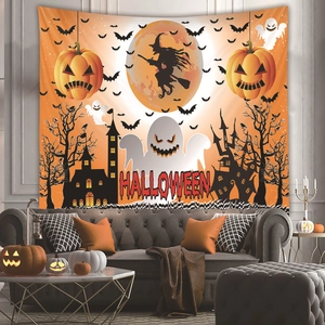 Detail of Halloween tapestry with white ghost and pumpkin lanterns over a living room sofa