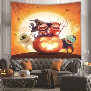 Cartoon Halloween wall tapestry featuring cute witches and pumpkins in a cozy living room