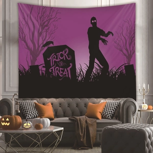 Detail of Halloween tapestry with zombie silhouettes and Trick or Treat tombstone text