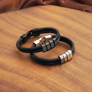 Men's braided leather bracelets with stainless steel clasps in black and silver