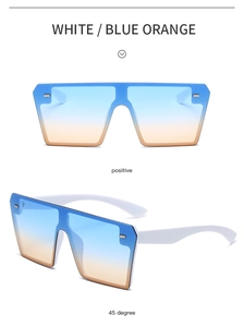 Detail view of white rimless square sunglasses with blue and orange gradient lenses