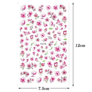 Self-adhesive floral nail stickers with pink butterfly and rose patterns, 12x7.5cm size