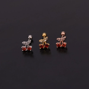 Detailed view of cherry stud earrings in silver, gold, and rose gold with zircon stones