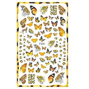 Adhesive nail stickers featuring vintage yellow butterflies and leopard patterns F681