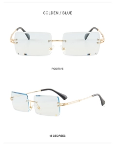 Front and 45-degree views of golden rimless square sunglasses with light blue lenses