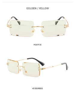 Detailed front and 45-degree angle views of rimless sunglasses with gold gradient lenses