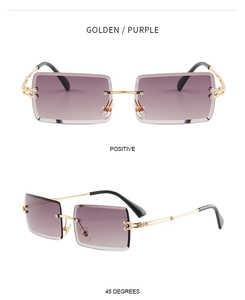Detail view of square rimless gradient sunglasses with golden textured metal temples
