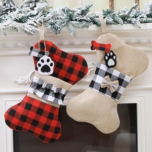 Christmas Stockings Burlap Buffalo Plaid Bone Shape Paw Print Holiday Fireplace Hanging Decorations For Pet Dog Lovers Farmhouse Style