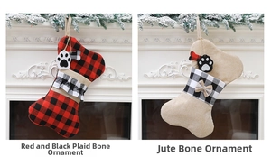 Detail of burlap bone-shaped Christmas stockings with plaid patterns and paw print tags