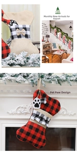 Detailed views of bone-shaped burlap Christmas stockings with plaid accents and bow charms