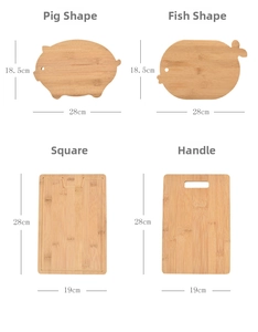 Size chart for bamboo cutting boards in pig, fish, and rectangular shapes with measurements