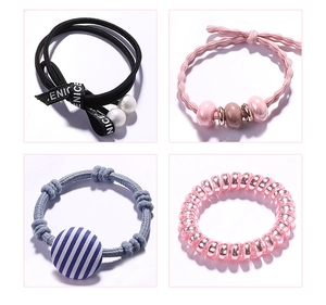Detailed collection of Korean style hair ties including beads, ribbons and phone cord rings