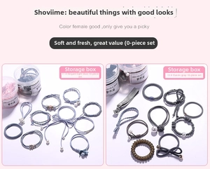 Detailed 10-piece hair tie set including scrunchies and bows in a clear storage box