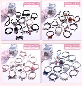 12-piece hair tie set in storage tube featuring pearls, ribbons and woven elastic bands