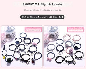 Detail of 12-piece hair tie set featuring navy and pink elastic bands with pearls