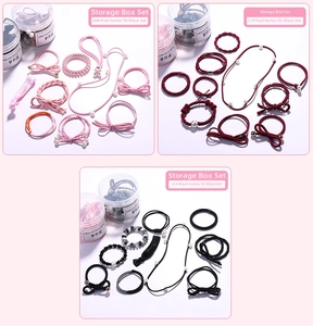 Close-up of a 10-piece pink hair accessory set featuring elastic bands and pearl ties