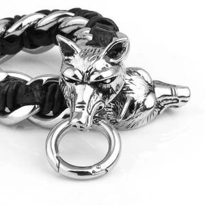 Men's double wolf head stainless steel bracelet with black braided leather strap