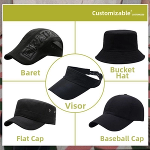 Collection of black headwear featuring baseball cap, sun visor, and bucket hat styles