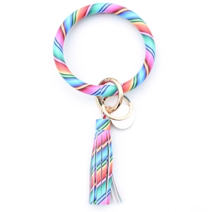 Rainbow striped PU leather keychain circle ring with colorful tassels and gold clasp