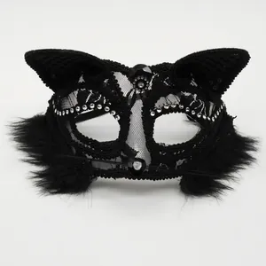 Sexy black lace cat mask for Halloween cosplay with sequins and faux fur details