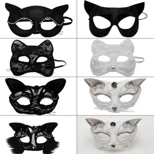 Lace Cat Mask Masquerade Eye Mask With Rhinestone Artificial Pearl Tassel Faux Fur Half Face Sexy Cosplay Halloween Party Accessories