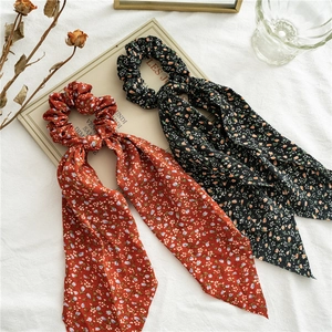 Floral print scrunchies with long ribbons in red and black chiffon for women hair