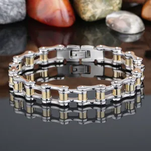 Motorcycle Chain Bracelet 316L Stainless Steel Biker Jewelry For Men Two Tone Gold Silver Polished Punk Mechanical Style