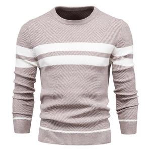 Men's crew neck striped sweater in greyish purple and white knit fabric variant