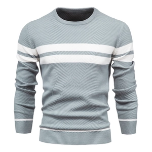 Men's crew neck knit sweater in grey-blue with white stripes on chest and sleeves