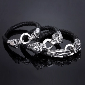 Mens woven leather bracelet with silver skull tiger and dragon head charms in 3 pieces