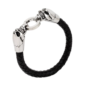 Men's black braided leather bracelet with silver skull charms and ring clasp closure