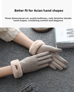 Close-up of winter knit gloves with thick white faux fur cuffs and ribbed stitching