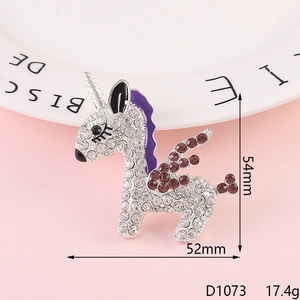 Detailed view of crystal unicorn brooch with size 54mm x 52mm and weight 17.4g details