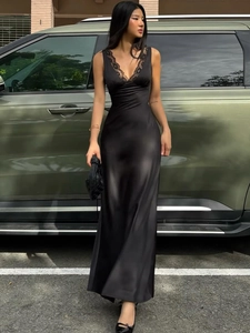 Abito Lungo Sexy In Raso Nero Da Donna Pizzo Scollo A V Schiena Scoperta Vestibilità Aderente Festa Serale Cocktail