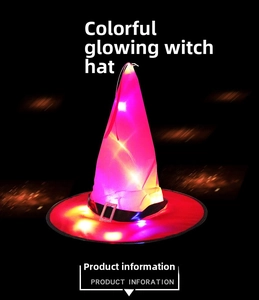 Detail view of pink LED witch hat with black belt, silver buckle and glowing lights