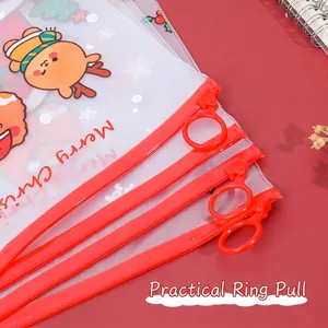 Cartoon Christmas transparent stationery bag with red finger ring zipper and bear print
