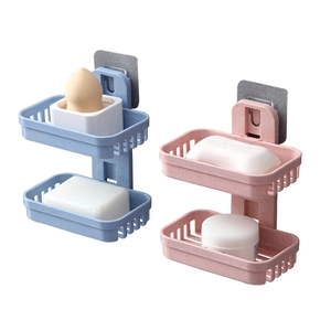 Wall-mounted double layer wheat straw soap dish in blue and pink with drainage holes