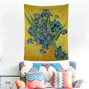 Artistic Van Gogh Iris flower wall tapestry for home decor hanging in an elegant living room