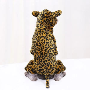Detail of plush leopard print pet onesie with soft fleece texture and cute animal hood