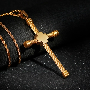Hip hop style gold twisted cross pendant necklace with rope chain for men