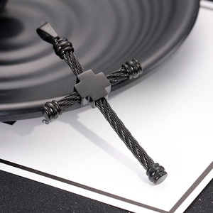 Hip hop black stainless steel cross pendant necklace with twisted wire texture for men
