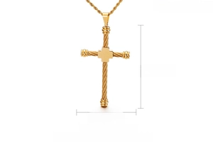 Detail of 18K gold plated cross pendant with twisted rope design and dimensions 65x39mm