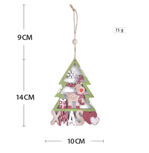 Detail view of wooden Christmas tree pendant with precise 14x10cm size and weight specs